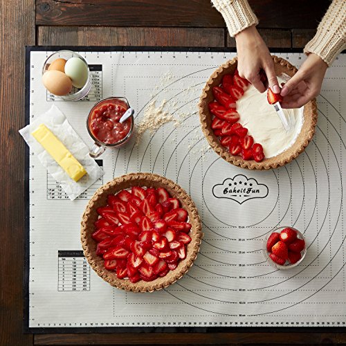 BakeitFun XX-Large Silicone Pastry Mat 33.5 x 22.5 in nonstick surface with inch and cm guides, concentric circles, conversion charts, BPA free, heat safe to 450°F, dishwasher safe