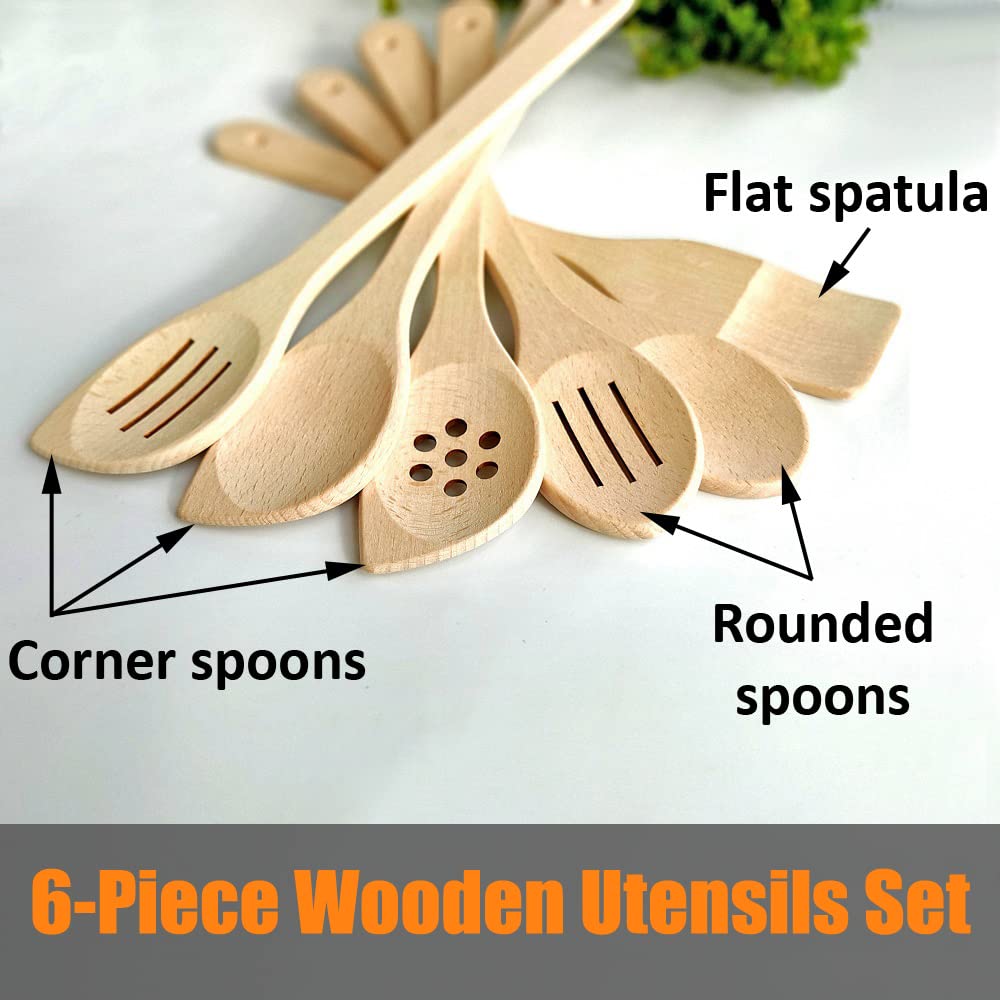 ECOSALL Healthy Wooden Spoons For Cooking Set of 6. Safe and Reliable Cooking Utensils for Kitchen – 100% Natural Nonstick Wood Spatula Spoon For Scraping, Stirring, Serving – Uncoated Solid Hardwood