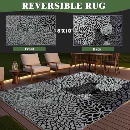 YONILE Outdoor Rug 8x10 ft with LED Light, Waterproof Reversible Outdoor Plastic Straw Rug for Patios Clearance, Large Outdoor Area Rug Carpet RV Mat for Camping Backyard Deck Porch Beach