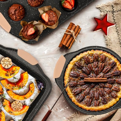 Slow Slog 11-Piece Baking Pans Set, Nonstick Bakeware Sets, Oven Pans for Baking with Silicone Handles, Includes Cookie Sheet, Cake Pans, Loaf Pan, Pizza Pan, Muffin Pan, Khaki&Black
