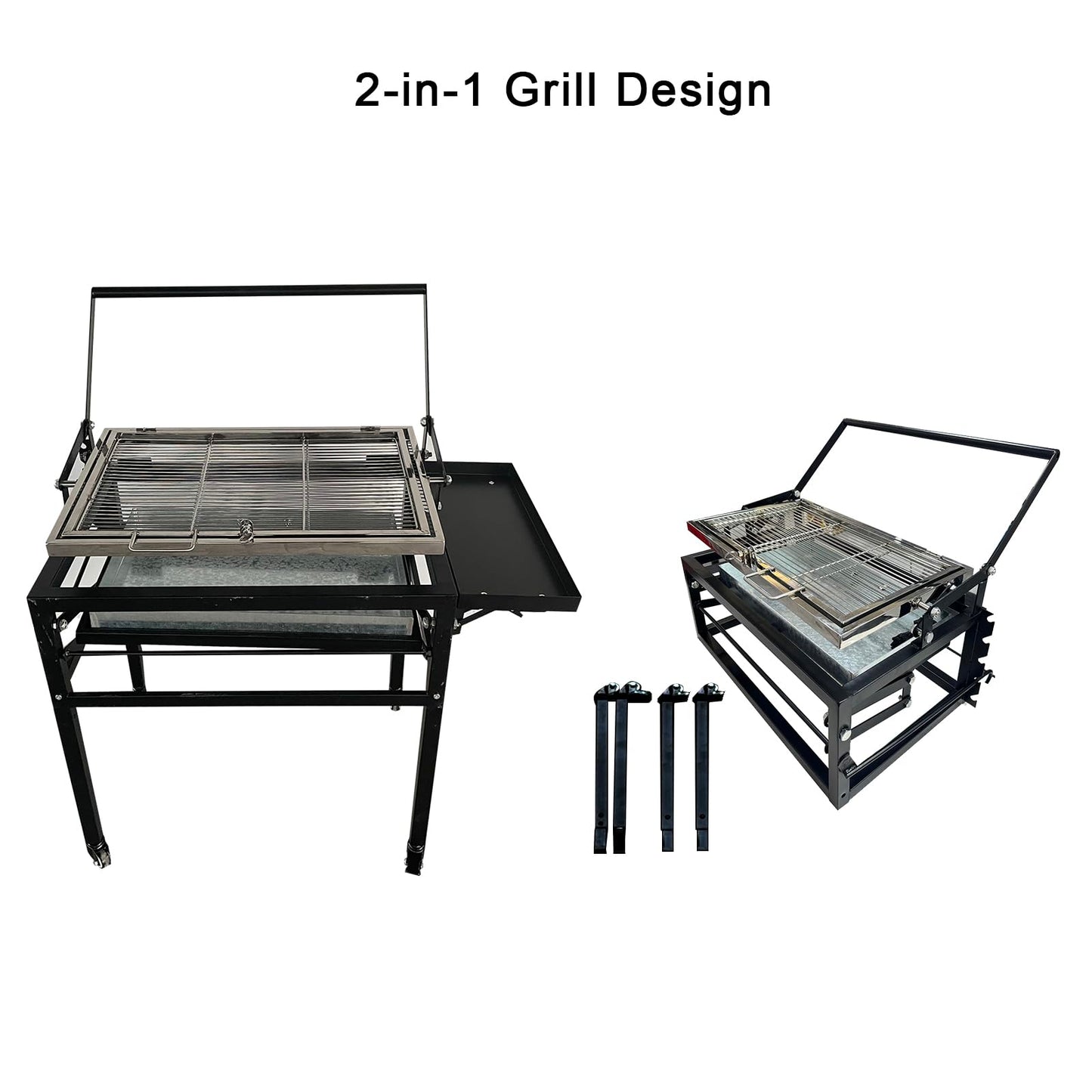 BBQ Charcoal Grill with Cart, Heavy Duty Square Outdoor Detachable Portable Grill, 360° Rotating Cooking Grid Stand-up Grills with Wheels for Camping Garden Commercial Barbeque