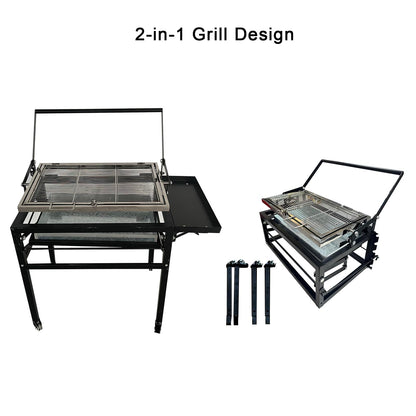 BBQ Charcoal Grill with Cart, Heavy Duty Square Outdoor Detachable Portable Grill, 360° Rotating Cooking Grid Stand-up Grills with Wheels for Camping Garden Commercial Barbeque