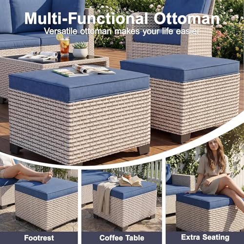 SnugVista Patio Furniture Set, 12-Piece Outdoor Sectional Sofa with Swivel Rocker Chairs & Ottomans, Wicker Patio Conversation Set with Coffee Table, Blue Cushions
