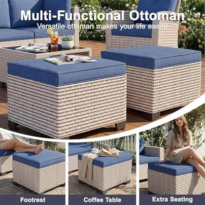 SnugVista Patio Furniture Set, 12-Piece Outdoor Sectional Sofa with Swivel Rocker Chairs & Ottomans, Wicker Patio Conversation Set with Coffee Table, Blue Cushions