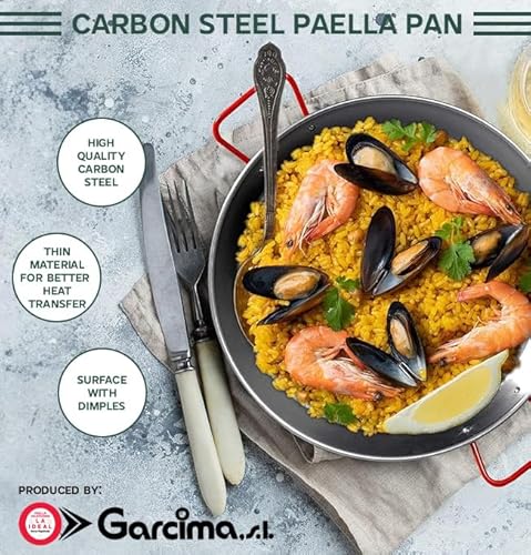 Gourmanity 15 inch Carbon Steel Paella Pan, 38cm Polished Steel Large Skillet From Spain, Great for Paella Parties Indoors, Outdoors, Camping & More, Imported Spanish Paellera, Made by Garcima