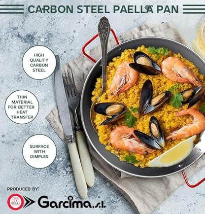 Gourmanity 15 inch Carbon Steel Paella Pan, 38cm Polished Steel Large Skillet From Spain, Great for Paella Parties Indoors, Outdoors, Camping & More, Imported Spanish Paellera, Made by Garcima