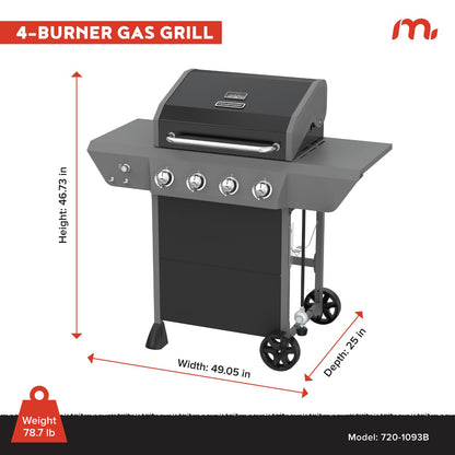 Megamaster 4-Burner Propane Gas Grill with Side Tables, 44,000BTUs, 566.92 SQ. In. Cooking Space, 2 Wheel Transport, Outdoor Kitchen Grill for BBQs, Backyards, Tailgating, and More - 720-1093B