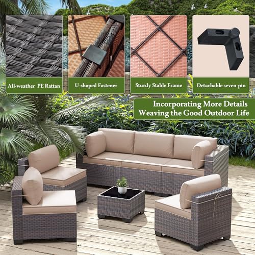RTDTD 11 Pieces Outdoor Patio Furniture Set,Outdoor Sectional Furniture with 45" 55000 BTU Gas Propane Fire Pit Table,PE Rattan Wicker Patio Conversation Set,Swivel Rocking Chairs Set,Sand