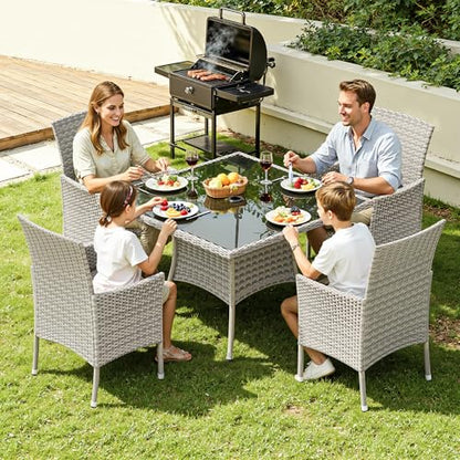 Muphyers 10-Piece Patio Dining Set, Patio Furniture Set with Square Tempered Glass Table & 8 Wicker Chairs, Expandable Design for Larger Groups, Outdoor Furniture for Backyard, Deck, Garden, Beige