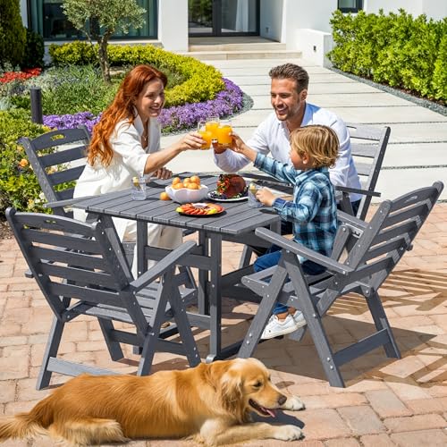PamapicLife Dining Table Set, 5-Piece HDPE Outdoor Dining Set for 4, Grey