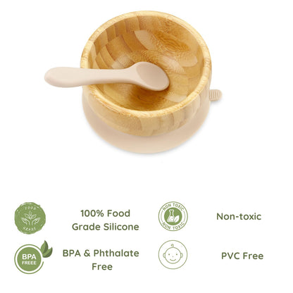 PandaEar Baby Bamboo Suction Bowl with Silicone Spoons, Wooden Baby Bowls for Toddlers & Kids, Divided Non-Slip Wooden Bowl Feeding Supplies