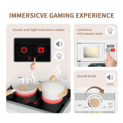 OOOK Kids Kitchen Playset with Garbage Classification, Wooden Pretend Play Kitchen with Sound and Light, Kitchen Set for Kids Equipped with Blackboard, Worldmap ect., Gift for Boys and Girls Aged 3+