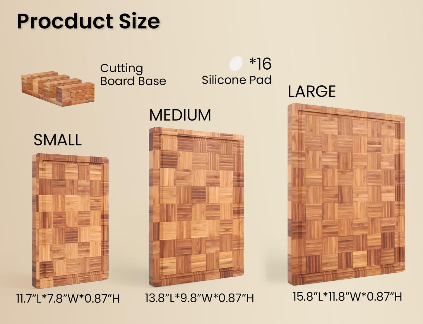 Fibogollo Bamboo Cutting Boards for Kitchen(Set of 3),Chopping Boards with Juice Groove,End Grain Serving Board with Holder,Bamboo Butcher Block for Meat,Vegetables,Fruit