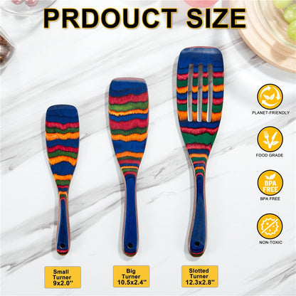 Wooden Spurtle Set, 3 Pcs Teak Wood Wooden Kitchen Utensil Set Includes Spatula(colorful wood）