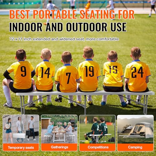VEVOR Plastic Folding Bench, 6ft Portable Folding Bench, Smooth High Density Polyethylene Waterproof Outdoor Bench, Picnic Camping Table with Handle for Garden Soccer Playtime, White (2 Pack)