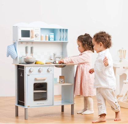 New Classic Toys Blue Wooden Pretend Play Toy Kitchen for Kids with Role Play Bon Appetit Electric Cooking Included Accesoires Makes Sound