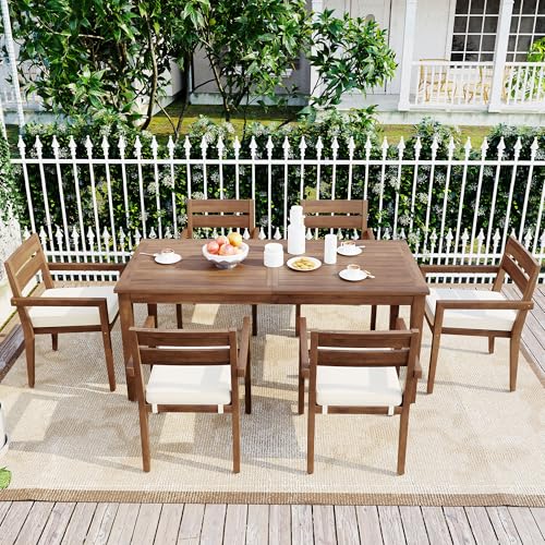 Hlcodca 7 Piece Patio Dining Table Set with Removable Cushion, Outdoor Acacia Wood Furniture Set for Garden, Backyard, Lawn, Poolside (A-Burly Wood)