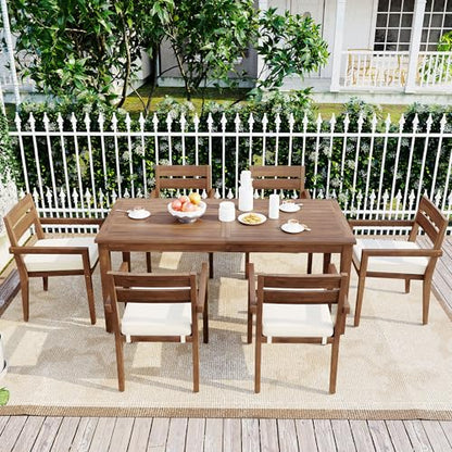 Hlcodca 7 Piece Patio Dining Table Set with Removable Cushion, Outdoor Acacia Wood Furniture Set for Garden, Backyard, Lawn, Poolside (A-Burly Wood)