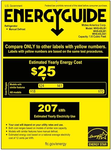 Midea WHS-65LB1 Mini Fridge, 1.6 Cu.ft Energy Star Certified Mini Refrigerator, Adjustable Thermostat, Reversible Door, Low Noise for Dorm, Office, Bedroom, Black