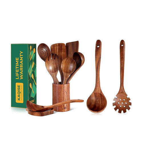 KAQISE 10PCS Premium Wooden Spoons for Cooking, Kitchen Essential Wooden Utensils Set, Teak Wood Culinary Utensils Set for Families