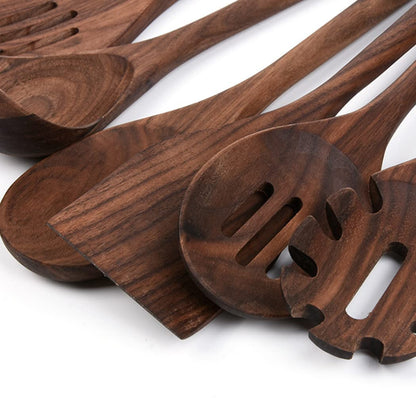 Black Walnut Wooden Cooking Utensils Set, 5 PCS - Handmade Non-stick Spatula, Slotted Spatula, Solid Spoon, Slotted Spoon, Spaghetti Server