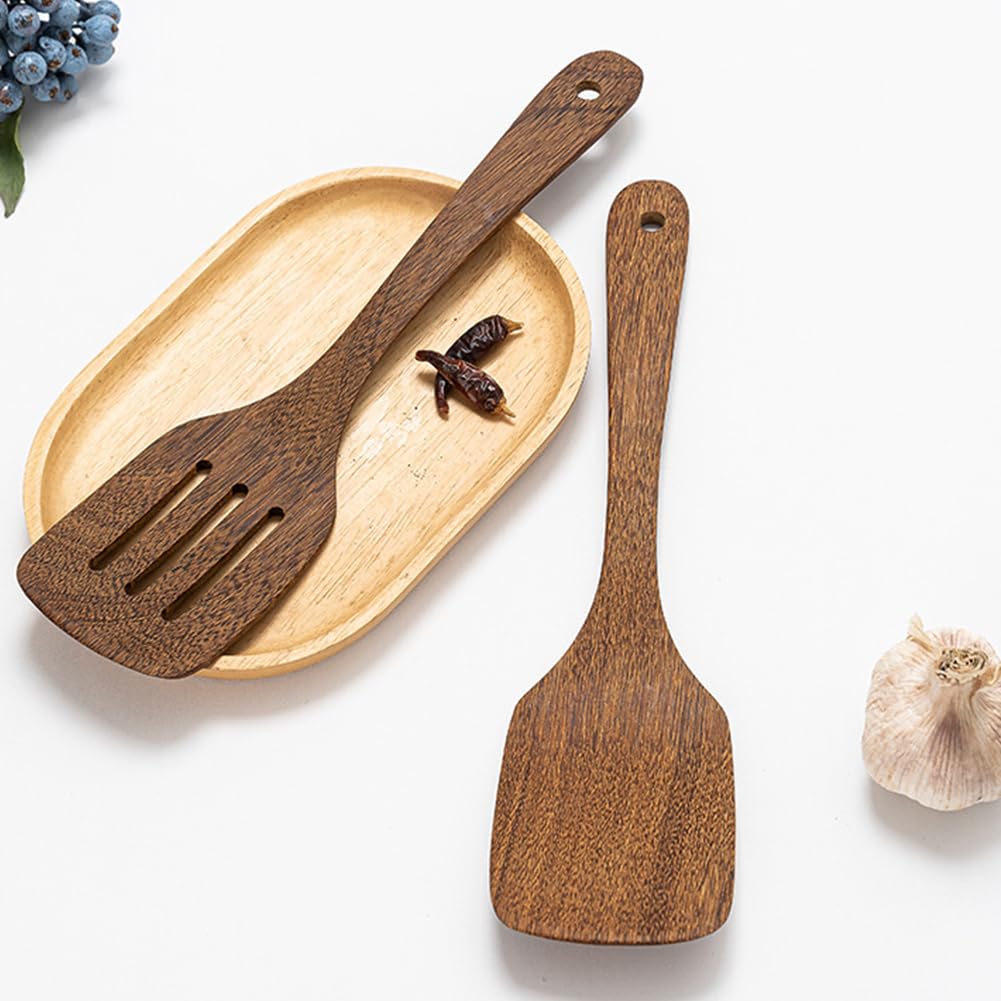 2pcs Wooden Spatula Wood Long Handle Flat Frying Turner Nonstick Flat Frying Spatulas Cooking Spurtle Utensils for kitchen use(COLOR:natural)