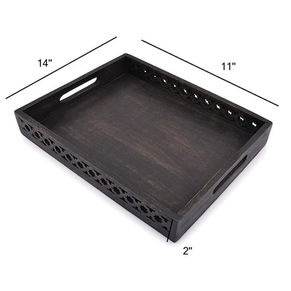 Samhita Serving Trays Mango Wood Rectangular Serving Tray, Wood Plate, Tea/Drink Platter, Dinner Serving Tray, Snack Tray (Black) (14" x 11" x 2")