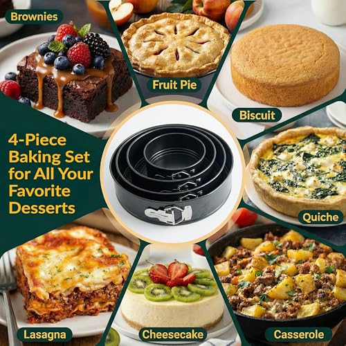Springform Pan Set of 4 - 4,7,9,10" Carbon Steel With Removable Bottom – Leakproof Design, Nonstick Coating Cheesecake Pan – Durable Cake Mold With Secure Latch, Even Heat Cheese Cake Pans For Baking