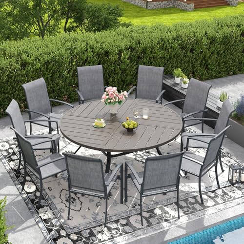 DIFY 11 Pieces Outdoor Dining Set, Metal Patio Table and Chairs Set for 10 with Umbrella Hole, 59.8" Round Dining Table and Textilene Stackable Patio Chairs for Garden Backyard Deck, Grey Wood-Like