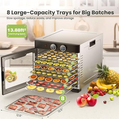 Household Food Dehydrators Machine with 8 Stainless Steel Trays Hold 10 lb Meats 24 H Digital Timer 194 °F Temperature Control Commercial Dryer for Jerky Meat Herb Fruit Vegetables Beef Black Knight