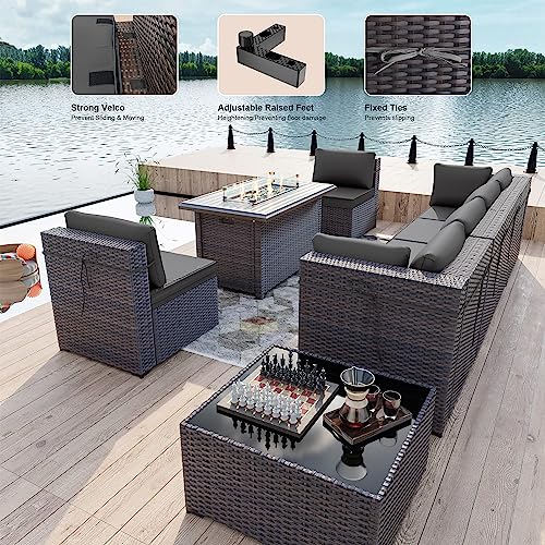 Kullavik 8 Piece Outdoor Wicker Patio Furniture Set with Fire Pit Table