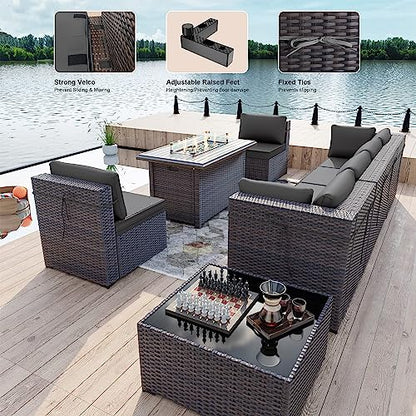 Kullavik 8 Piece Outdoor Wicker Patio Furniture Set with Fire Pit Table