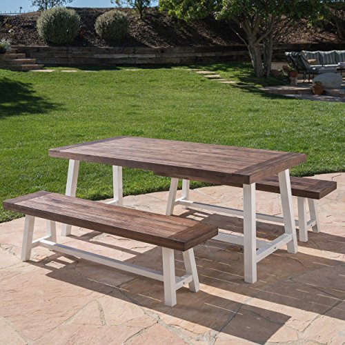 GDFStudio Cassie Outdoor Modern Industrial 3 Piece Acacia Wood Picnic Dining Set with Benches, Sandblasted Dark Brown and White Rustic Metal