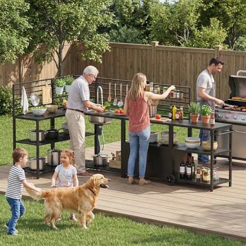 LYNSLIM 5-Piece Outdoor Grill Table Kitchen Island with Ample Storage Cabinet, Outdoor Metal Grill Cart, Independence Steel Sink & Drainage w/Faucet (Black, Outdoor Kitchen Lsland)