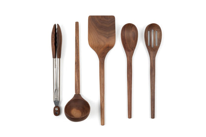 Salt & York 5-piece Walnut Wooden Kitchen Utensil Set - Includes Turner, Tongs, Slotted Spoon, Ladle, and 12" Spoon - Best Wooden Spoons for Cooking - Ideal for Nonstick Cookware