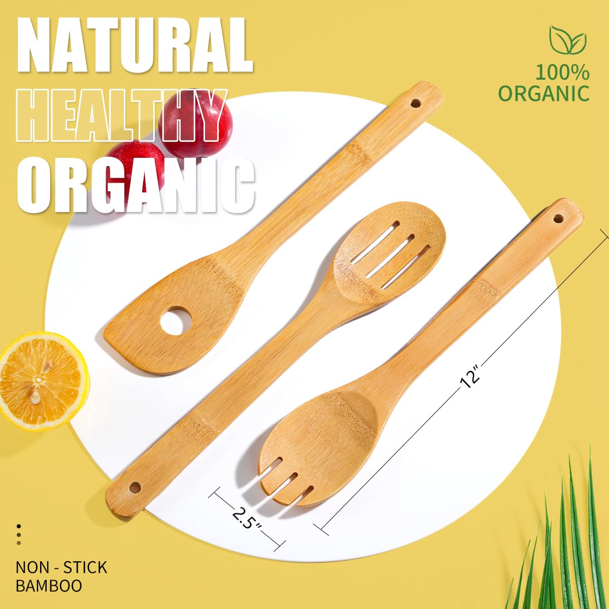 IOOLEEM Bamboo Wooden Spoons for Cooking 6 Pcs 12 Inch, Non-Stick Wooden Kitchen Utensils Set, Natural and Durable Wooden Spatula Spoons for Non-Stick Pan for Cooking