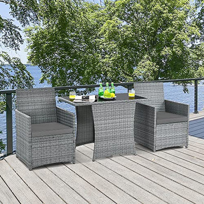 DORTALA Wicker Outdoor Bistro Set 3 Piece, Patio Furniture Set for Small Space with Table & Dining Chairs, Rattan Conversation Sofa Set for Balcony, Porch, Backyard, Deck, Grey