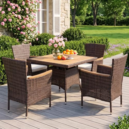 Wisteria Lane 5-Pieces Rattan Patio Dining Sets with Acacia Wood Tabletop