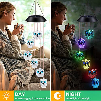 Solar Wind Chimes, Owl LED Solar Powered Wind Chimes Lamp Color Changing Waterproof Garden Chimes with Hook for Outdoor Indoor Patio Yard Deck Grandma Mom