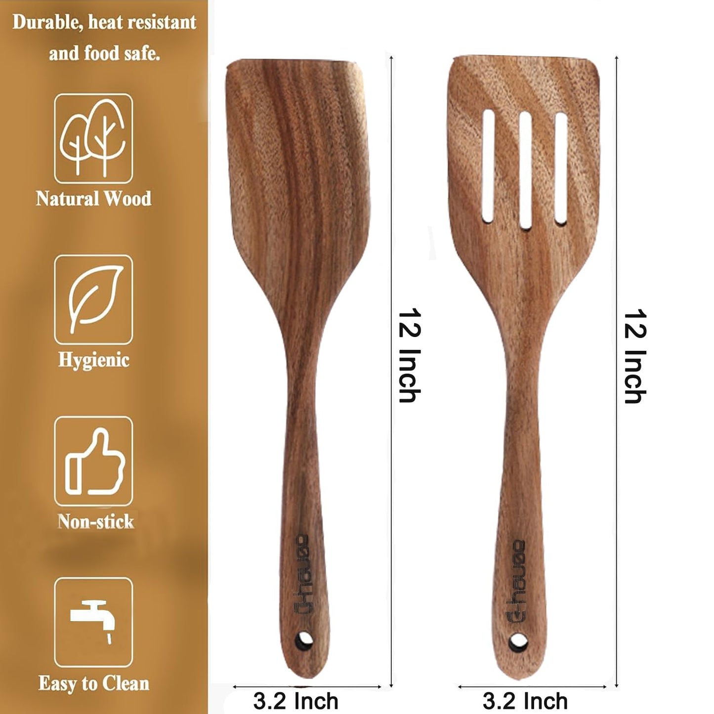 Wood Spatulas Wooden Spatula for Cooking 2pcs Acacia Wood Cooking Spoon Slotted Turner Wooden Kitchen Utensils Non-stick Kitchen Utensils with Frying Spatula Turner Flipper Spatulas Set