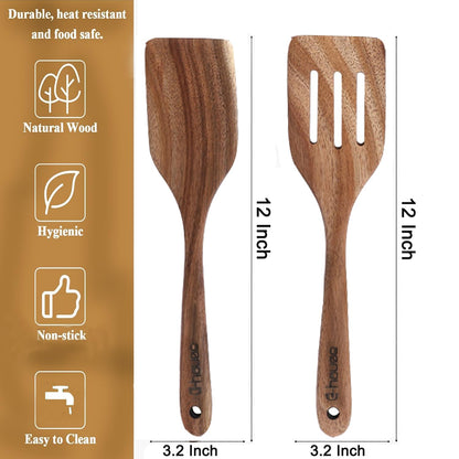 Wood Spatulas Wooden Spatula for Cooking 2pcs Acacia Wood Cooking Spoon Slotted Turner Wooden Kitchen Utensils Non-stick Kitchen Utensils with Frying Spatula Turner Flipper Spatulas Set