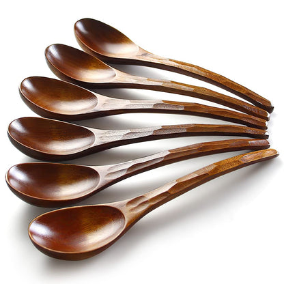 Soup Spoons,AOOSY Wooden Soup Spoons, 6 Pieces 7.84 inches Japanese Ramen Spoon Round Nanmu Wood Long Handle Rice Dessert Cooking Tasting Dinner Table Spoon for Kitchen Restaurant