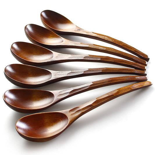 Soup Spoons,AOOSY Wooden Soup Spoons, 6 Pieces 7.84 inches Japanese Ramen Spoon Round Nanmu Wood Long Handle Rice Dessert Cooking Tasting Dinner Table Spoon for Kitchen Restaurant