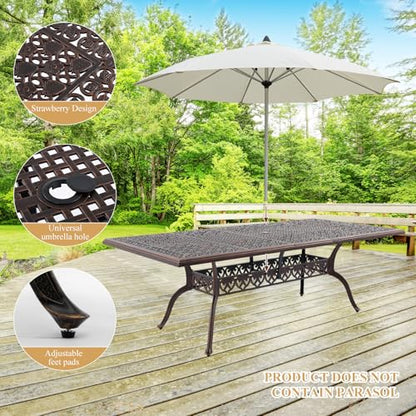 9-Piece Cast Aluminum Outdoor Dining Set, Copper Red Patio Furniture for 8 Includes Unique Strawberry & Leaf 87" Rectangular Outdoor Dining Table and 8 Stackable Chairs with Cushions & Umbrella Hole