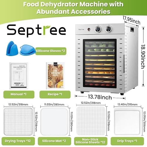 Food Dehydrators Machine with 12 Stainless Steel Trays with Timer Setting Temperature Adjusted 68 ℉ to 194 ℉ Dryer for Herb Fruit Meat Vegetables Mushroom Beef jerky for Commercial Household large