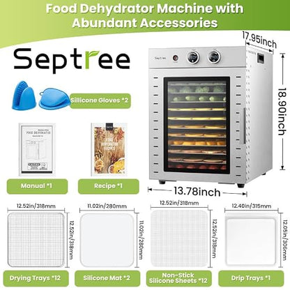 Food Dehydrators Machine with 12 Stainless Steel Trays with Timer Setting Temperature Adjusted 68 ℉ to 194 ℉ Dryer for Herb Fruit Meat Vegetables Mushroom Beef jerky for Commercial Household large
