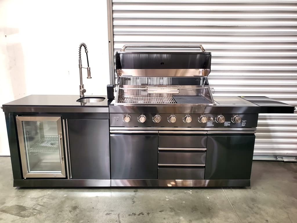 3 Piece Pizza Oven + Black Stainless Steel 6 Burner Black Marble Top Modular Island BBQ Outdoor Electric Propane Grill Kitchen with Fridge, Sink, Side Burner, LED Lights on Knobs, and Grill Cover