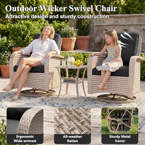 SnugVista Patio Furniture Set, 18-Piece Outdoor Sectional Sofa with Swivel Rocker Chairs & Fire Pit Table, Wicker Patio Conversation Set with Coffee Table, Black Cushions