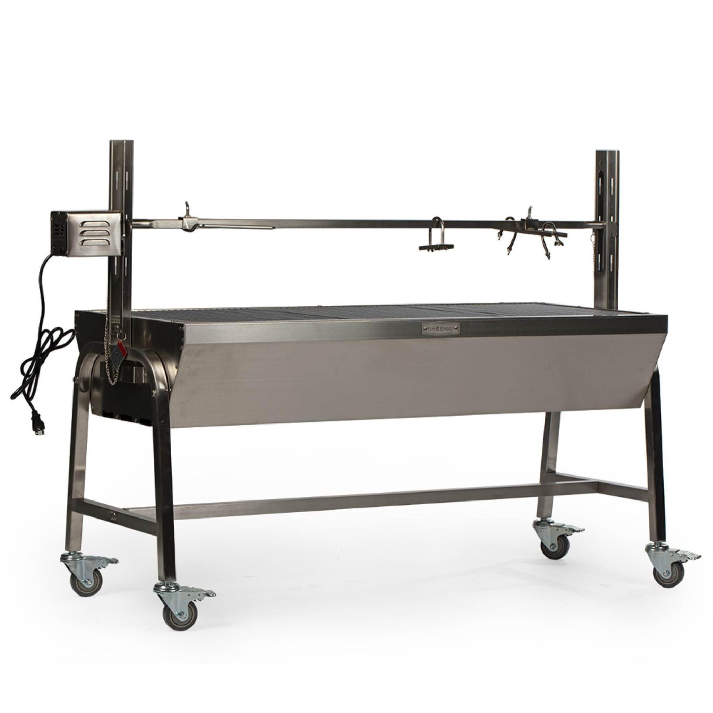 Ash & Ember 13W Stainless Steel Rotisserie Grill, Rated 85 LB for Medium Game, 4 RPM Rotation Speed, Outdoor Grill with Dual Prong Spit Rod, Single Leg Bracket, and Spine Fork