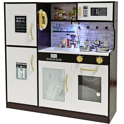 TOUCH US Wooden Play Kitchen Toy Set with Light, Kids Children Pretend Toy Kitchen Playset with Sink Play Toy,Oven Microwave,Toddler Cooking Set Toy for Ages 3+ Baby Girls Boys